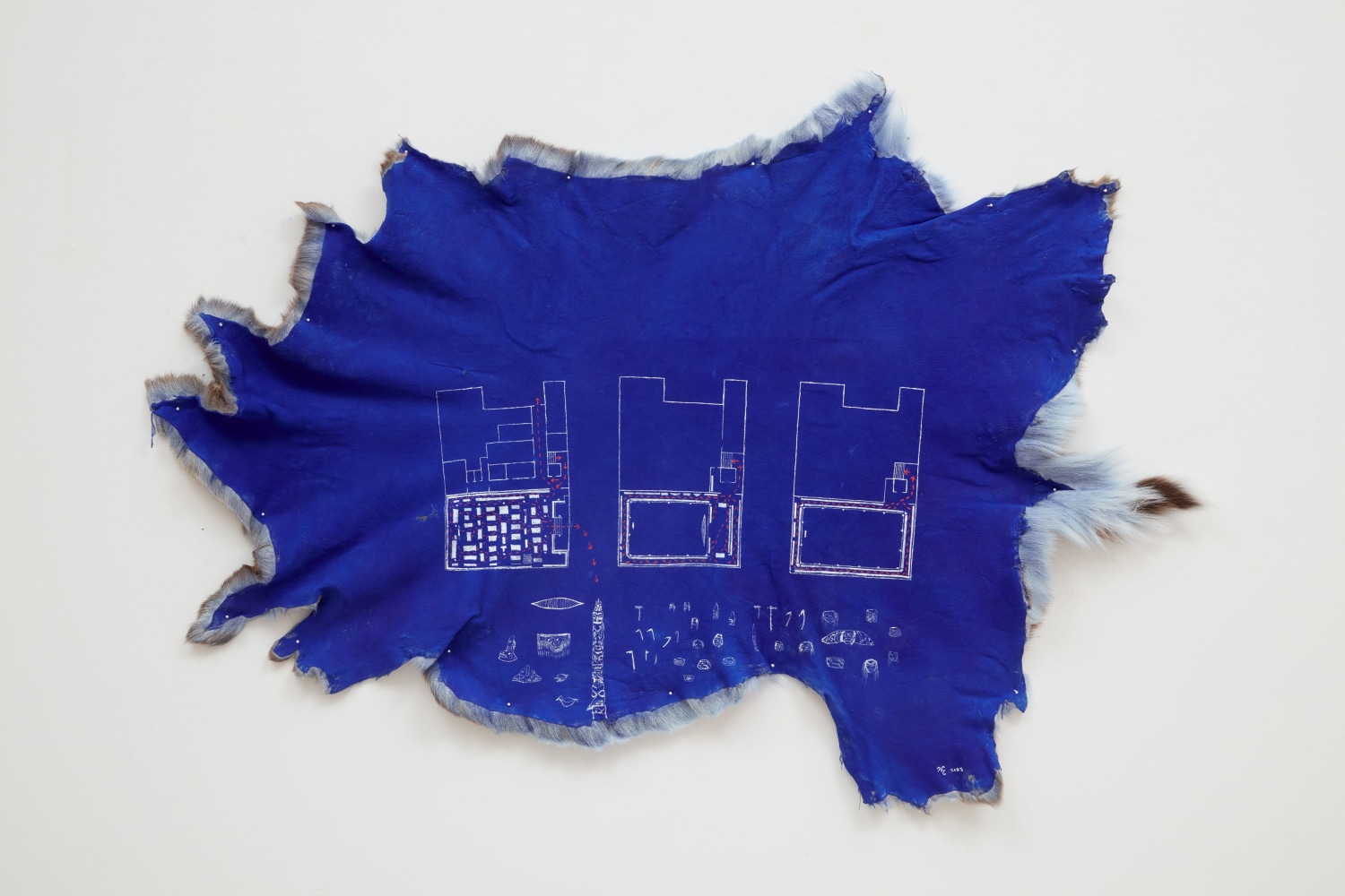 Nicholas Galanin
Architecture of return, escape (Pitt Rivers Museum, University of Oxford), 2025
Pigment and acrylic on deer hide
35 x 51 inches (88.9 x 129.5 cm)
(NGA25-04)