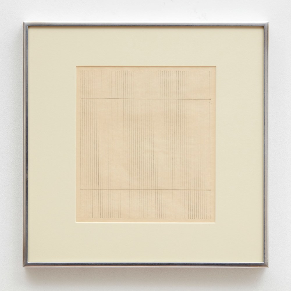 Agnes Martin

Untitled, 1965

Signed and dated &amp;quot;a. martin &amp;#39;65&amp;quot; on verso

Ink on paper

Frame: 15 x 15 inches (38.1 x 38.1 cm)
Image: 8 7/8 x 7 7/8 inches (22.5 x 17.8 cm)
Cat. Rais.: 1965.016 WP

(AM65-02)