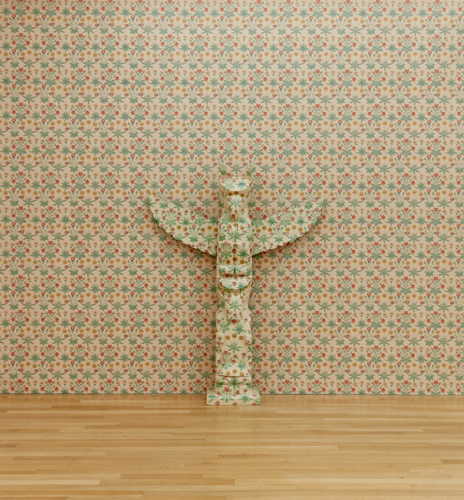 Nicholas Galanin

The Imaginary Indian (Garden), 2024

Indonesian replica of a Ling&amp;iacute;t totem with Victorian wallpaper

installation dimensions variable
totem: 81 1/4 x 69 3/4 x 17 3/4 inches (206.4 x 177.2 x 45.1 cm)

(NGA24-06)