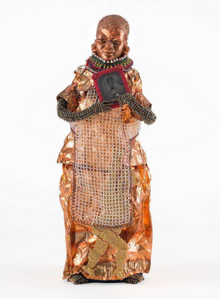 Joyce J. Scott
Family Matters, My Husband and My Baby, 2002
Clay, metal, glass, photograph, wire, thread, fabric, copper, glass and plastic beads
16 x 7 x 7 inches (40.6 x 17.8 x 17.8 cm)
(JJS02-01)