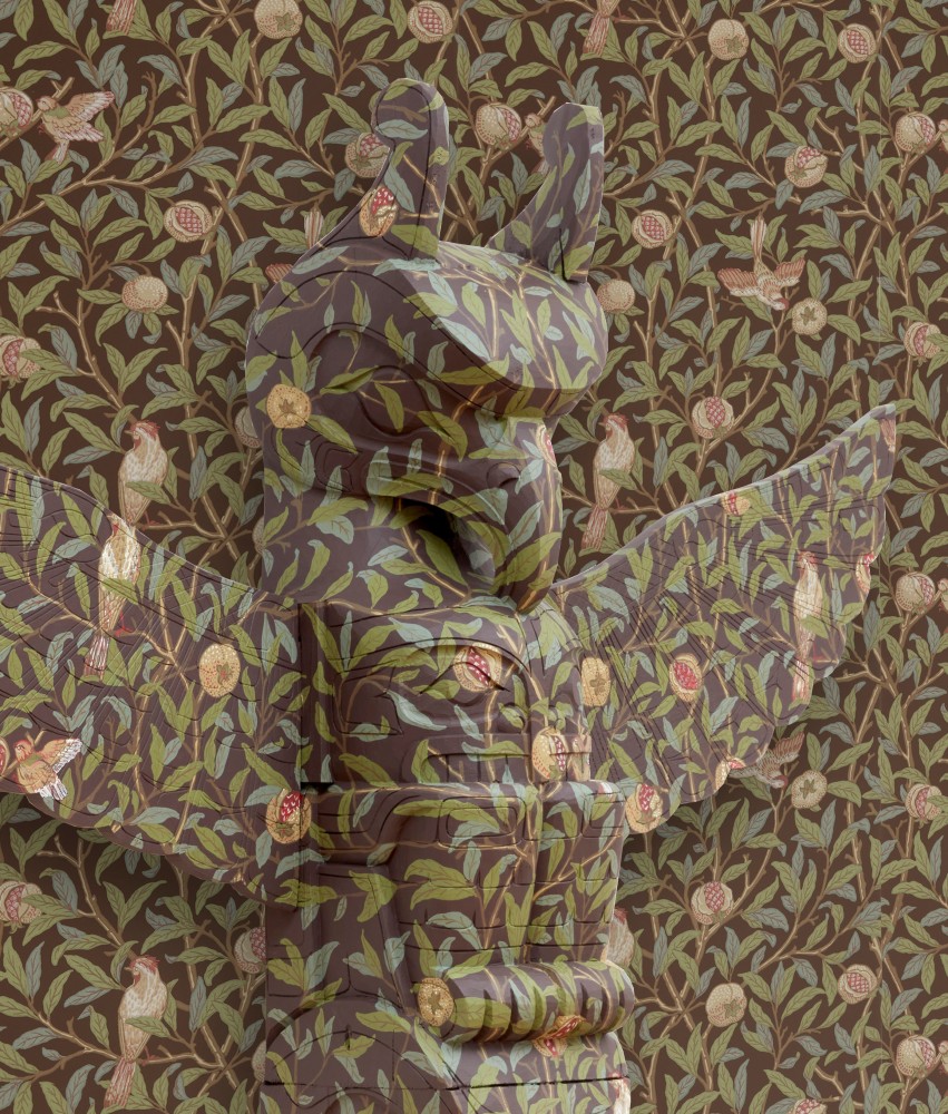 Nicholas Galanin

The Imaginary Indian (Orientalism, after E.W. Said), 2025

Indonesian replica of a Ling&amp;iacute;t totem with Victorian wallpaper

Installation dimensions variable
Totem: 79 1/2 x 51 1/2 x 19 1/4 inches (201.9 x 130.8 x 48.9 cm)

(NGA25-03)