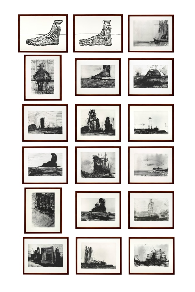 Huma Bhabha&amp;nbsp;
Reconstructions, 2007&amp;nbsp;
16 photogravures on Hahnemuhle paper and 2 woodblock prints on Tosa Hanga paper
Photogravures: 29 1/2 x 36 5/8 inches (75 x 93 cm), each&amp;nbsp;
Woodblocks: 25 3/4 x 34 inches (64.5 x 96.5 cm), each&amp;nbsp;
Edition of 35 + proofs&amp;nbsp;
Photogravures printed by Niels Borch Jensen, Copenhagen&amp;nbsp;
Woodblocks printed by L&amp;rsquo;Etoile Studios, New York&amp;nbsp;
Published by Peter Blum Edition, New York&amp;nbsp;