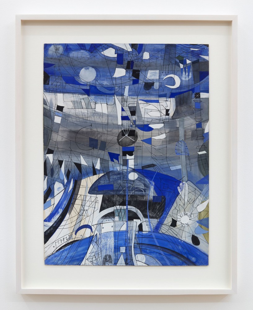 
Sonja Sekula
Moment in Blue, 1955
Gouache and ink on paper
19 3/4 x 14 3/4 inches (50 x 37.5 cm)
(SSK55-01)