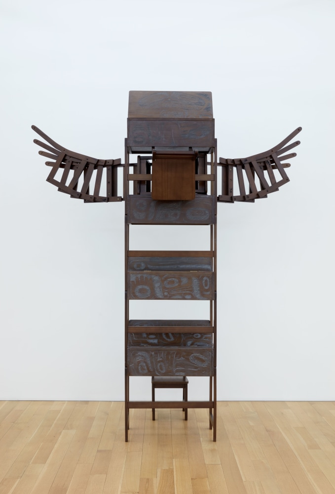 &amp;nbsp;

Nicholas Galanin

Loom, 2022

prefab children&amp;#39;s school desks and chairs with graphite and pencil carving

100 x 83 x 54 inches (254 x 210.8 x 137.2 cm)

(NGA22-06)