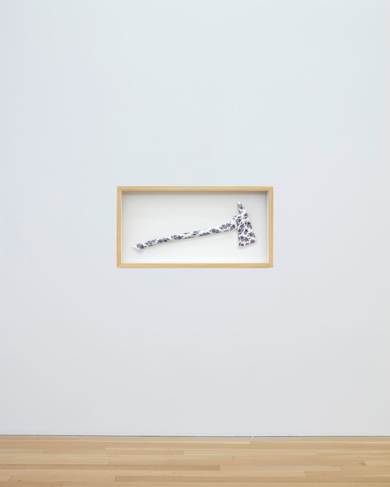 Nicholas Galanin&amp;nbsp;
Break in case of emergency, 2022&amp;nbsp;
porcelain and wooden box with glass&amp;nbsp;
wooden box with glass: 16 x 31 1/4 x 2 inches (40.6 x 79.4 x 5.1 cm) axe: 24 x 9 x 1 inches (61 x 22.9 x 2.5 cm)&amp;nbsp;
(NGA22-13)&amp;nbsp;