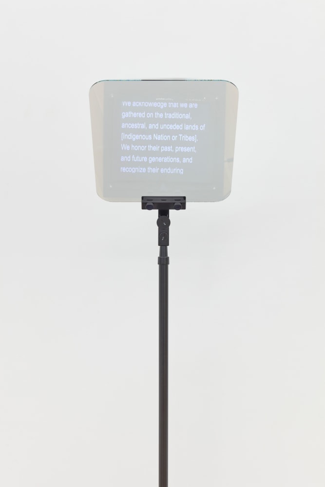 Nicholas Galanin

Pause for Applause, 2024

two teleprompters, mirror, and gaffer&amp;#39;s tape

dimensions variable (approx. 77 1/2 x 127 x 24 inches [196.8 x 322.6 x 61 cm])

(NGA24-47)