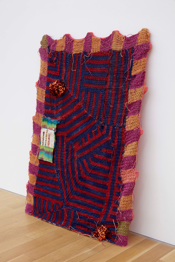 Josh Faught

Sachet, 2018

hand-dyed crocheted hemp, hand-dyed hand-woven cotton and gold lam&amp;eacute;,

spray paint, rayon/lycra blend, sequins, handmade paper from pulped tax

board representative correspondences with pot pourri collage and pin on wood

50 5/8 x 37 3/8 x 4 1/8 inches (128.5 x 95 x 10.5 cm)

(JFA18-01)