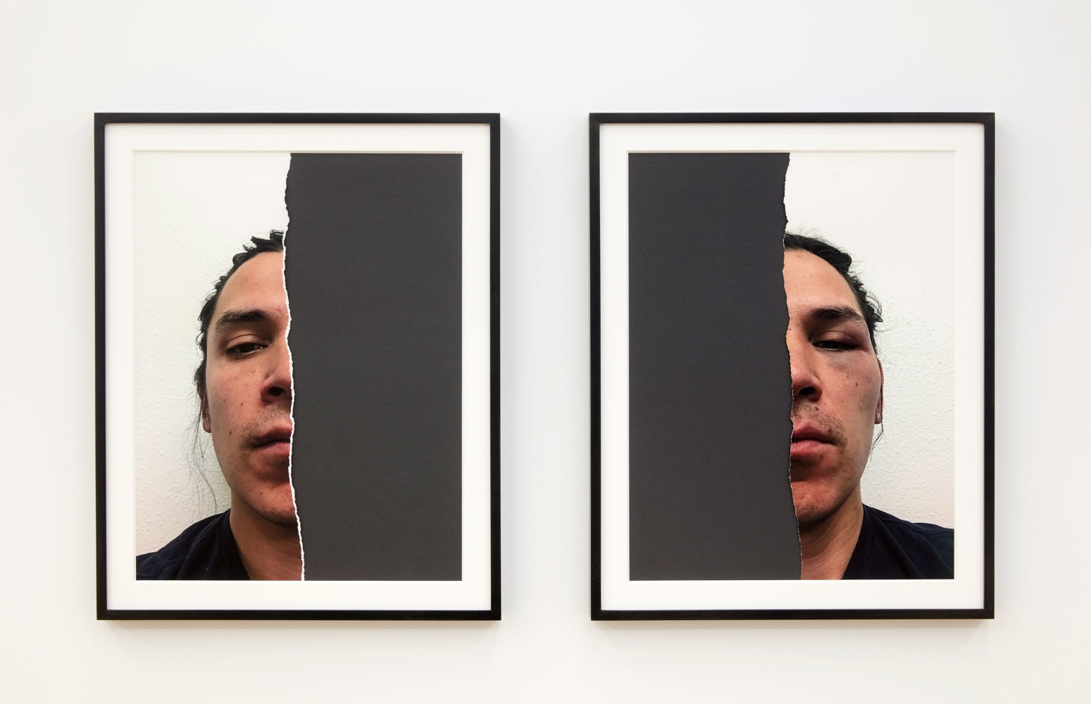 
Nicholas Galanin
The violence of blood quantum, half human (animal), half human (animal) after James Luna, 2019
diptych, portrait of the artist; both halves of torn archival digital print
20 1/2 x 15 1/2 inches (52.1 x 39.4 cm), each
edition of 10
(NGA19-23)