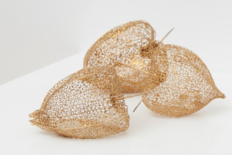 Su-Mei Tse
Detail of A Whole Universe (Physalis), 2019
5 gilded dried husks of physalis fruits, wooden shelf
10 3/8 x 7 1/4 x 1 5/8 inches (26.5 x 18.5 x 4.2 cm)