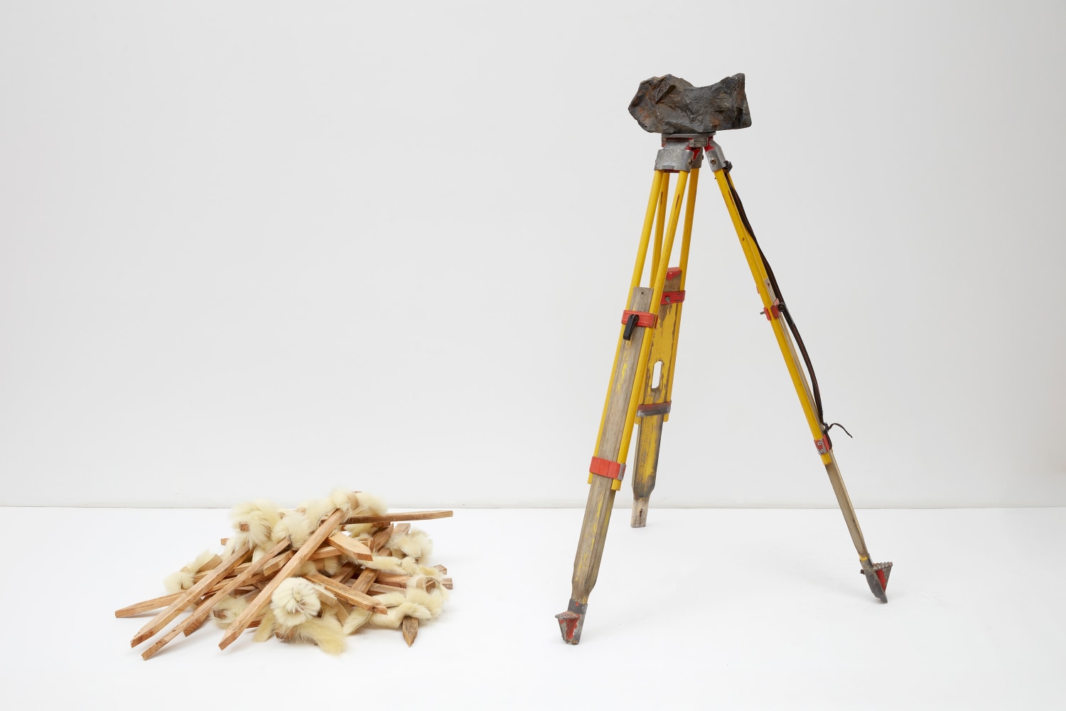 Nicholas Galanin
There is no equivalent translation, 2024
survey tripod, rock and wooden stakes with polar bear hide
overall: 48 x 72 inches (121.9 x 182.9 cm)
survey tripod: 56 x 23 x 25 inches (142.2 x 58.4 x 63.5 cm)
wooden stakes with polar bear hide: 11 x 38 x 36 inches (27.9 x 96.5 x 91.4 cm)