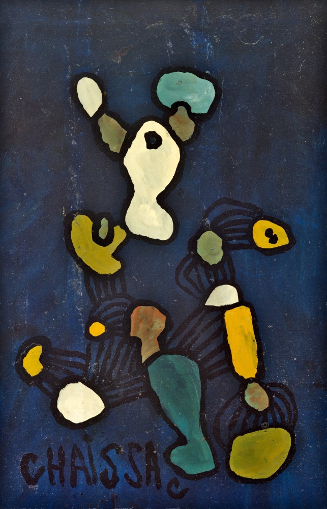 &amp;ldquo;Composition fond bleu nuit&amp;rdquo;, 1962-1963
Oil on paper mounted on canvas
39 x 25 1/4 inches
99 x 64 cm
CHA 15