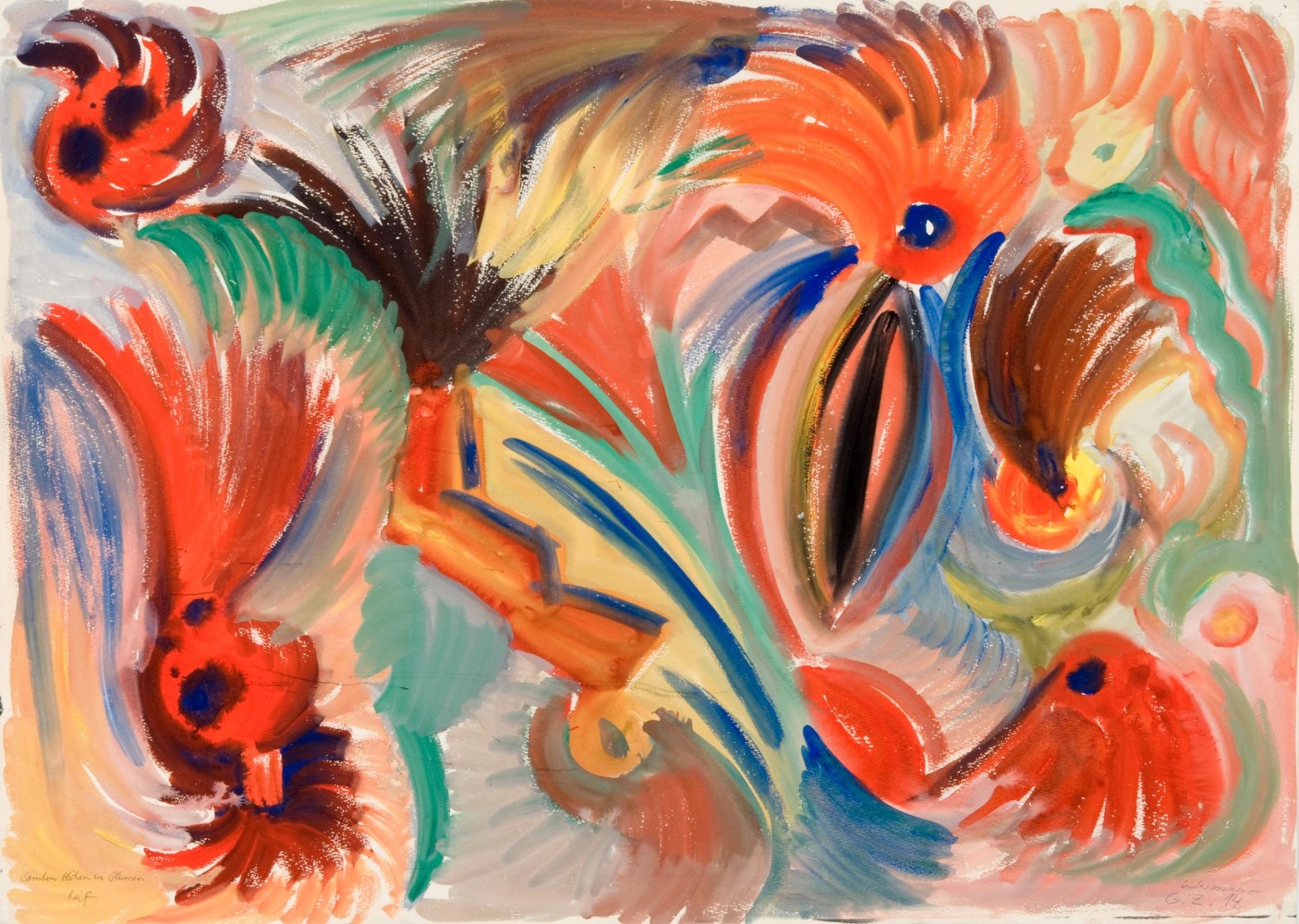 &amp;ldquo;Bomben bl&amp;uuml;hen wie Blumen (Bombs Bloom like Flowers)&amp;rdquo;, ca. 1975-1977

Gouache on paper

28 3/4 x 40 1/4 inches

73 x 102 cm

RPZ 6074