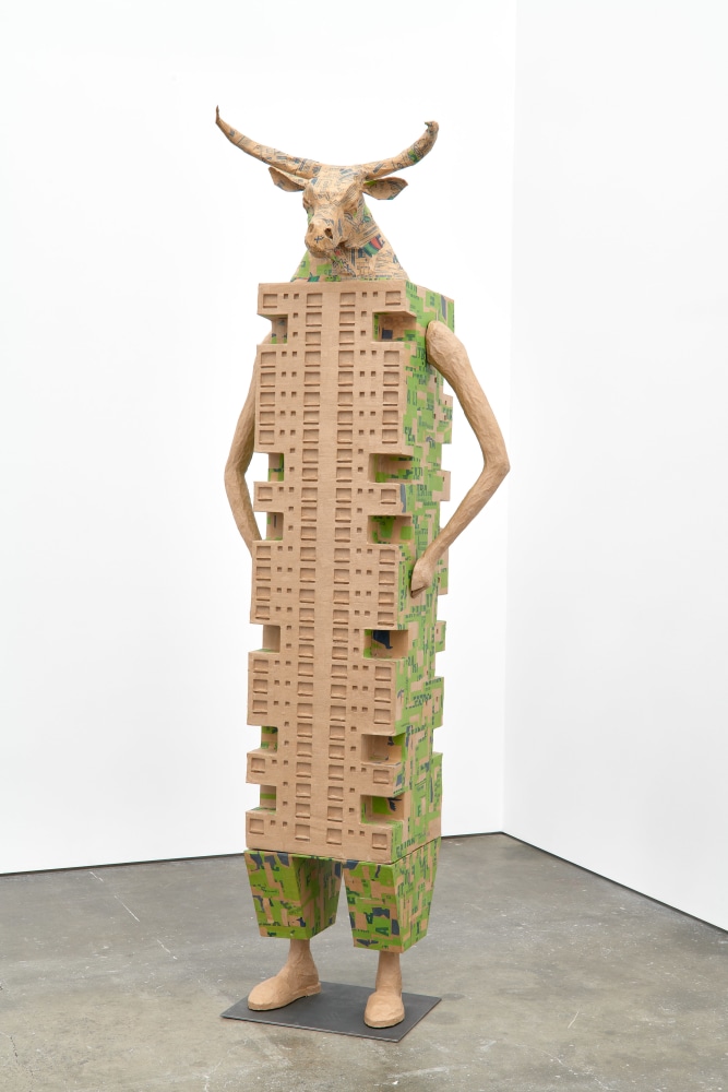 Dami&amp;aacute;n Ortega (1967), Bull tower, 2019, cardboard, styrofoam, kraft paper, pine wood, balsa wood and cement bags &amp;quot;kanchanjunga apartments&amp;quot; Charles Correa, Bombay, India 280 x 105 x 52 cm. (110.24 x 41.34 x 20.47 in.)