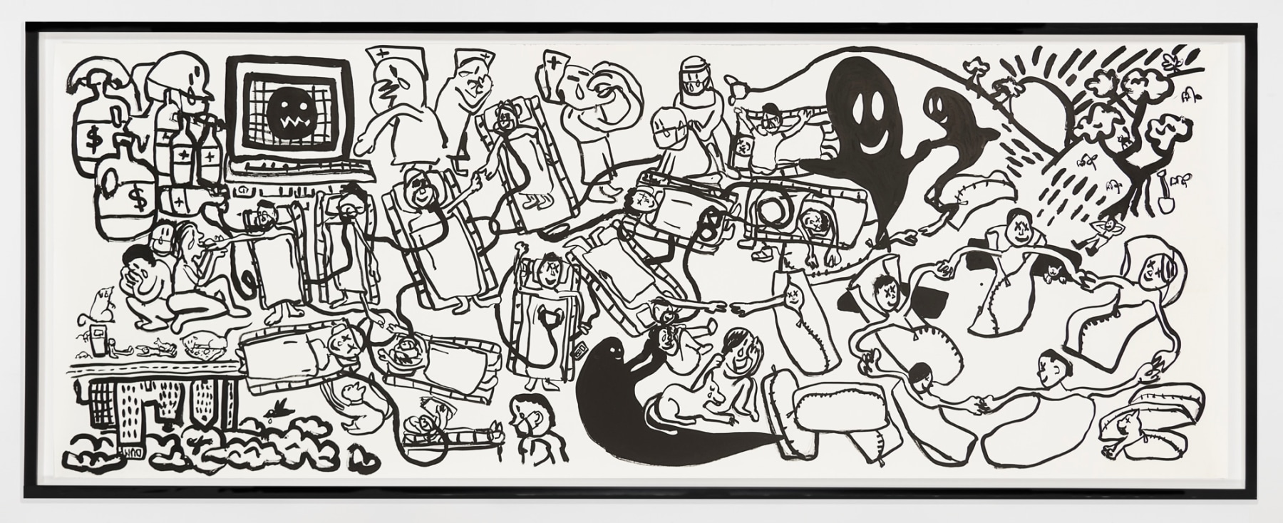 Paul Chan

die Seuche (epidemic), 2020
Ink on paper
Paper: 50 1/2 x 136 inches (128.3 x 345.4 cm)
Frame: 54 1/2 x 140 x 2 7/8 inches (138.4 x 355.6 x 7.3 cm)