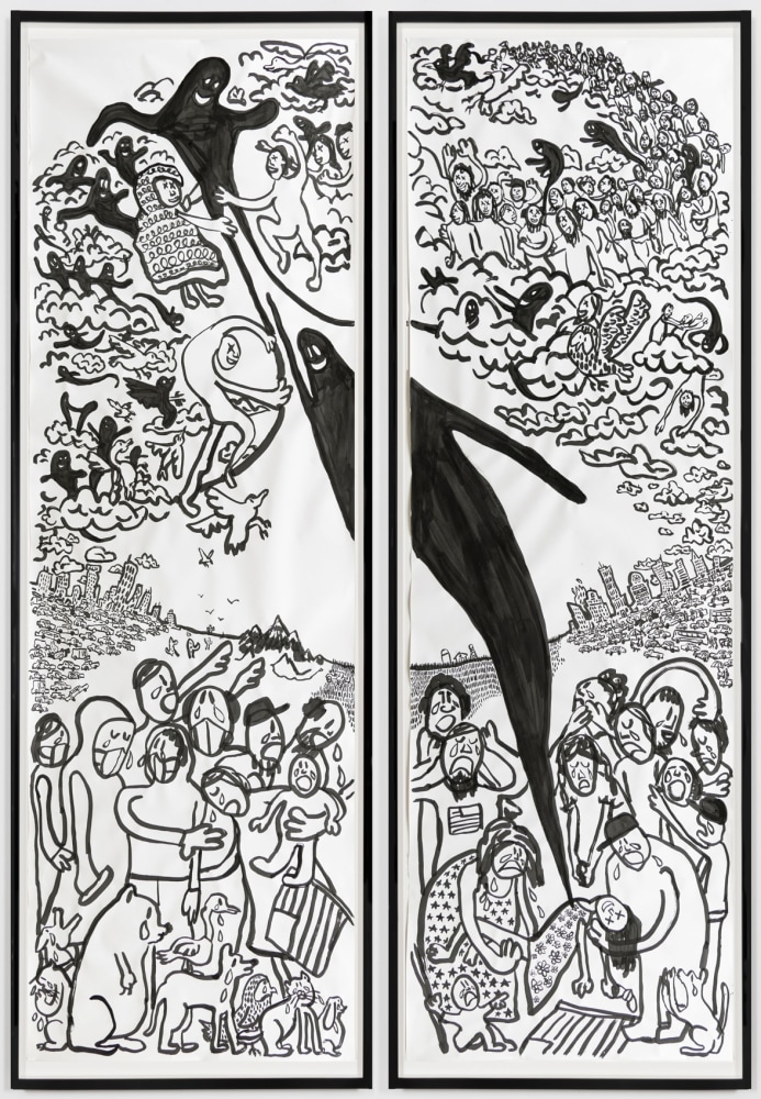 Paul Chan
Spekulieren (to speculate), 2020
Ink on paper
Paper: 150 x 48 inches (381 x 243.8 cm) each
Frames: 155 x 53 x 3 inches (393.7 x 134.6 x 7.6 cm) each