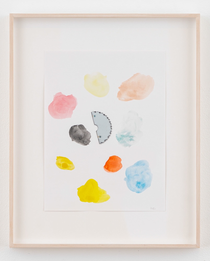 Monika Baer
Loose change 2, 2021
Watercolor, chrome-plated saw blade fragment and screws on paper
Paper: 15 3/4 x 11 3/4 inches (40 x 29.8 cm)
Frame: 22 3/4 x 18 1/2 x 1 3/8 inches (57.8 x 47 x 3.5 cm)