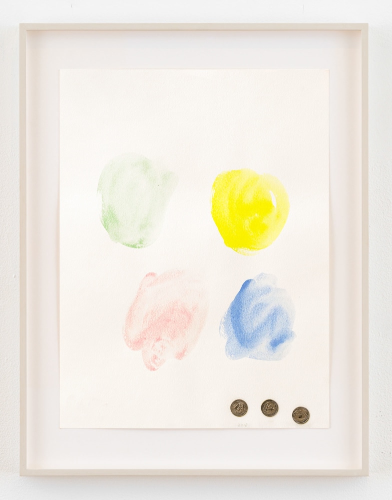 Monika Baer
4 Colors and 75&amp;cent;, 2018/2021
Watercolor and coins on paper
Paper: 20 x 15 inches (50.8 x 38.1 cm)
Frame: 25 1/8 x 19 3/8 x 1 3/8 inches (63.8 x 49.2 x 3.5 cm)