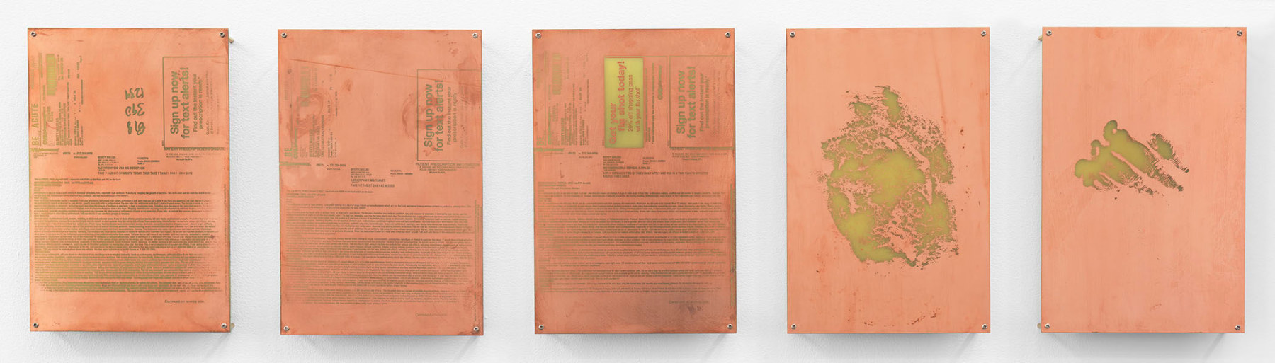 Body Print (Azithromycin 250 mg Dose Pack, Lorazepam 1 mg Tablet, Metronidazole Topical 0.75%GL, Lower Rib Cage and Attending Soft Tissues, Left Metacarpophalangeal Joint and Attending Soft Tissues)
2017
Etched copper-clad FR-4 glass-reinforced epoxy laminate board
12 x 8 inches (30.5 x 20.3 cm) each, 5 parts