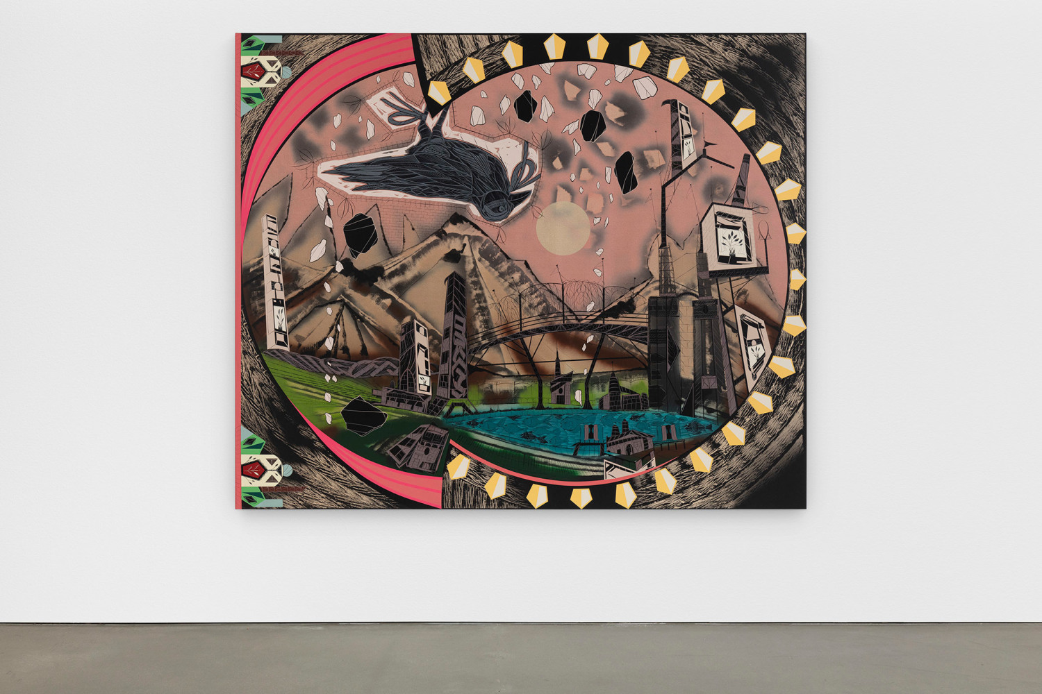 Lari Pittman
Iris Shot: Opening and Closing
2020
Cel-vinyl and lacquer spray over gessoed canvas on Titanium and wood panel
80 x 96 x 2 inches (203.2 x 243.8 x 5.1 cm)