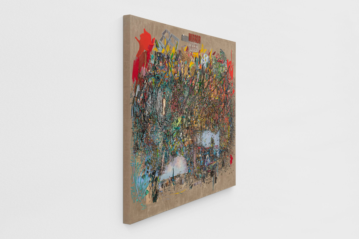 Elliott Hundley
Mirror
2020
Oil, encaustic, paper, plastic, pins, photographs, fabric, leather, thread, foam and linen on panel
72 5/8 x 86 1/8 x 4 inches (184.5 x 218.8 x 10.2 cm)