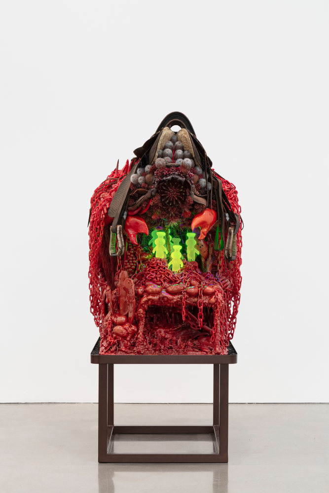 Max Hooper Schneider
Roadside Reliquary (Doughboys)
2021
Mixed media, cast uranium glass, UV lighting system, custom metal base
Artwork Dimensions:
57 1/2 x 46 1/2 x 43 inches (146.1 x 118.1 x 109.2 cm)
Metal Base:
25 x 33 1/2 x 43 inches (63.5 x 85.1 x 109.2 cm)

DOUBLE CLICK IMAGE FOR MORE VIEWS