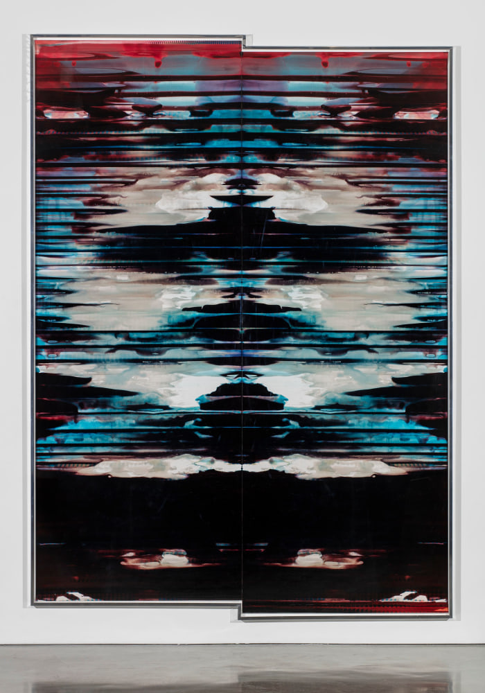 Walead Beshty
Inverted RA4 Contact Print / Processor Stall (YM: Los Angeles, California, November 9, 2017; Fujicolor Crystal&amp;nbsp;Archive Super Type C, Em. No. 152-017; Kodak Ektacolor RA Bleach-Fix and Replenisher; Kreonite KM IV 5225&amp;nbsp;RA4 Color Processor, Ser. No. 00092174; 41717)
2018
Color photographic paper, polished and sandblasted aluminum frame
141 x 101 3/4 x 2 5/8 inches (358.1 x 258.4 x 6.7 cm)