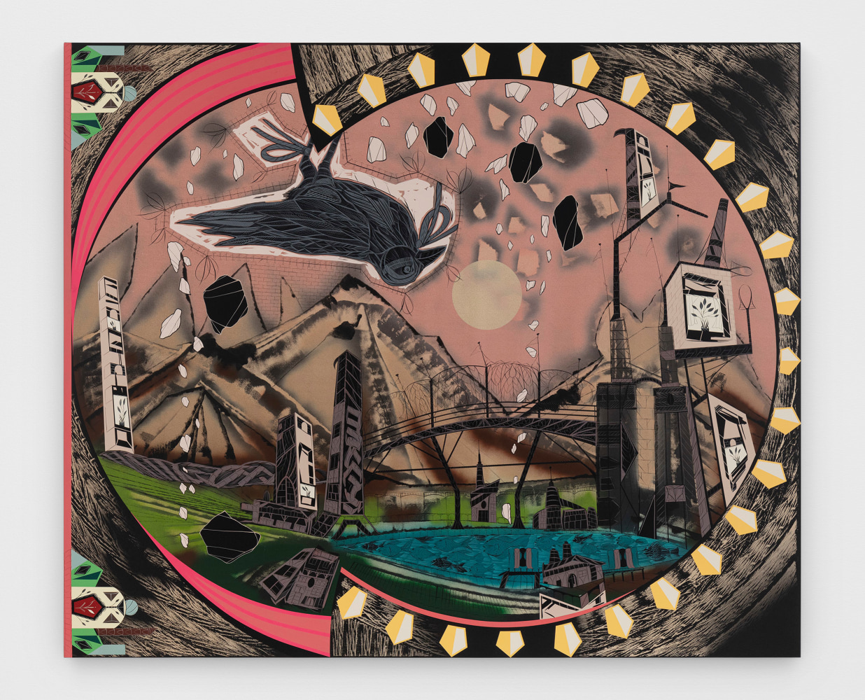 Lari Pittman
Iris Shot: Opening and Closing
2020
Cel-vinyl and lacquer spray over gessoed canvas on Titanium and wood panel
80 x 96 x 2 inches (203.2 x 243.8 x 5.1 cm)
$300,000

DOUBLE CLICK IMAGE FOR MORE VIEWS