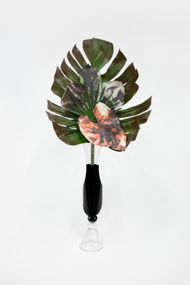 Kandis Williams
candyman urban threat modeling, becky, karen, nike, athena: a future foreclosed to all but king kong and faye wray
2020
Collage on artificial plant and India ink in vase
48 x 22 x 9 inches (121.9 x 55.9 x 22.9 cm)

DOUBLE CLICK IMAGE FOR MORE VIEWS