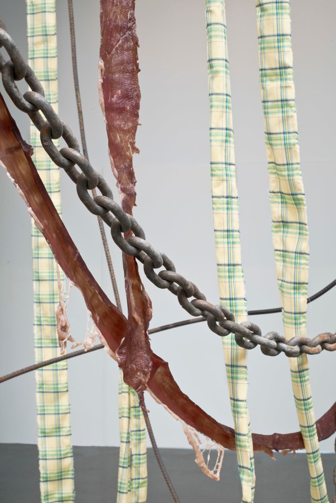 Abraham Cruzvillegas
Vendredi 13 (affirmative, written &amp;amp; told)
2012
Rebar, fabric, chain, feathers and meat
150 x 92 x 65 inches (381 x 233.7 x 165.1 cm)