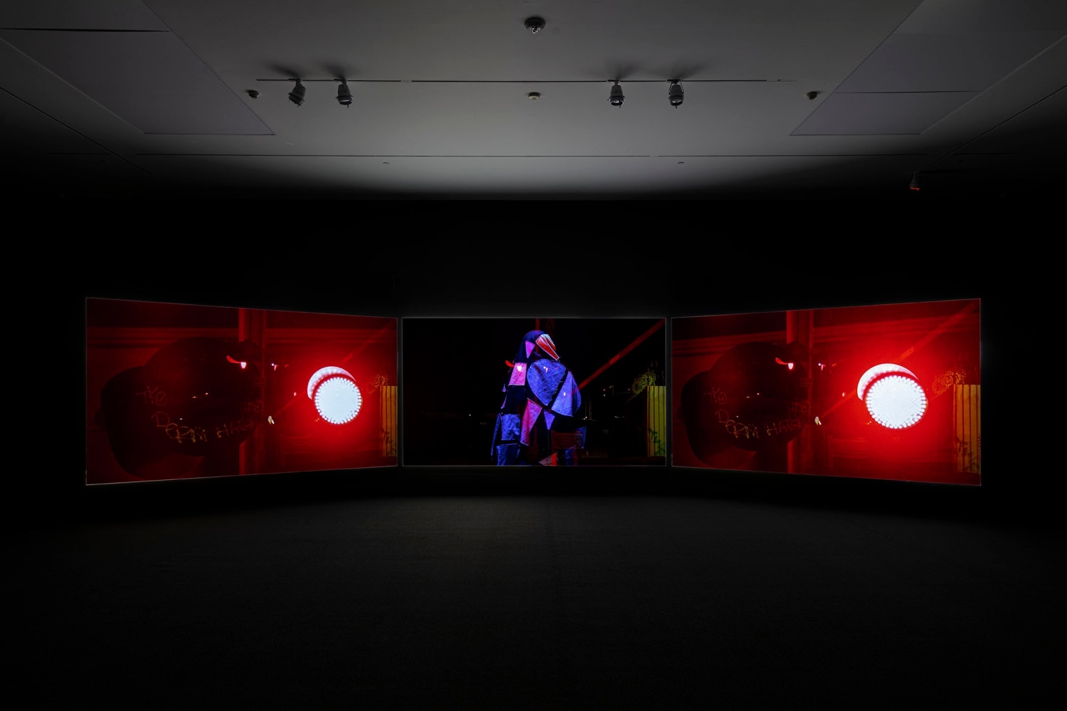 Flags and Debris
2021
Video installation with three channels of video (color, sound), three projections
TRT: 13:20 minutes
Installation dimensions variable, apx:
176 x 576 x 480 inches (447 x 1463 x 1219 cm)
Edition of 4, 2 APs