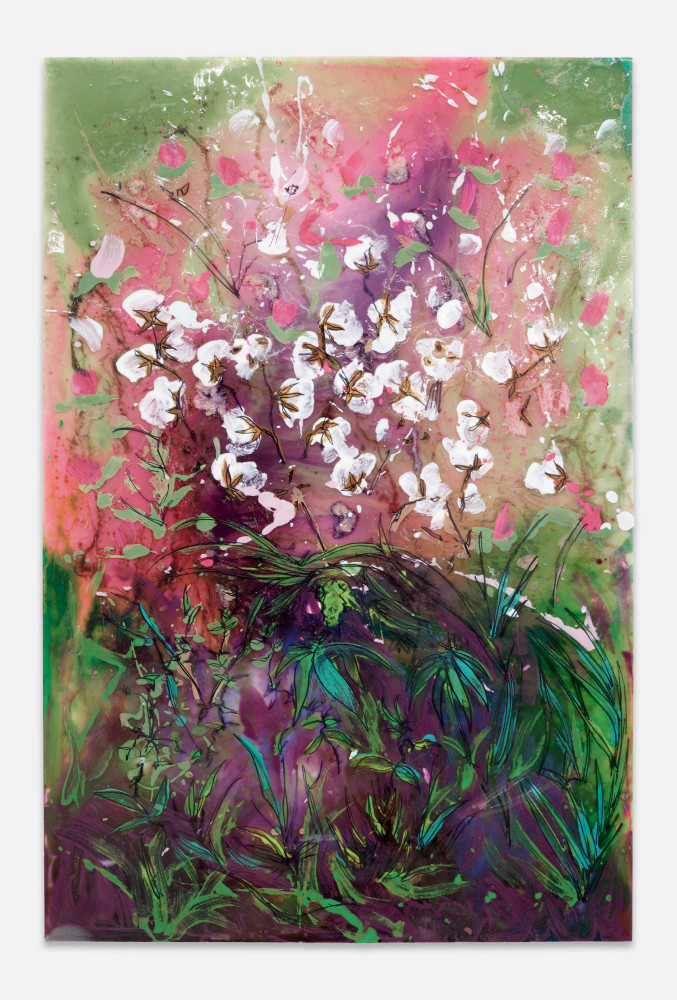 Kevin Beasley
Garden II Amongst Flowers
2023
Polyurethane resin, raw Virginia cotton, Sharpie transfer, fiberglass
55 1/2 x 36 3/4 x 2 1/4 inches (141 x 93.3 x 5.7 cm)