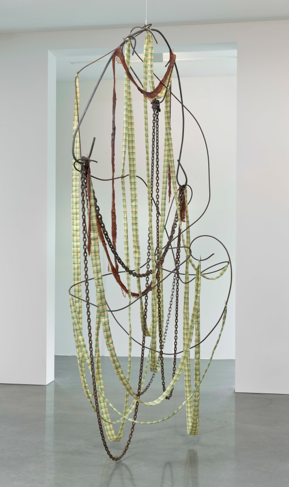 Abraham Cruzvillegas
Vendredi 13 (affirmative, written &amp;amp; told)
2012
Rebar, fabric, chain, feathers and meat
150 x 92 x 65 inches (381 x 233.7 x 165.1 cm)