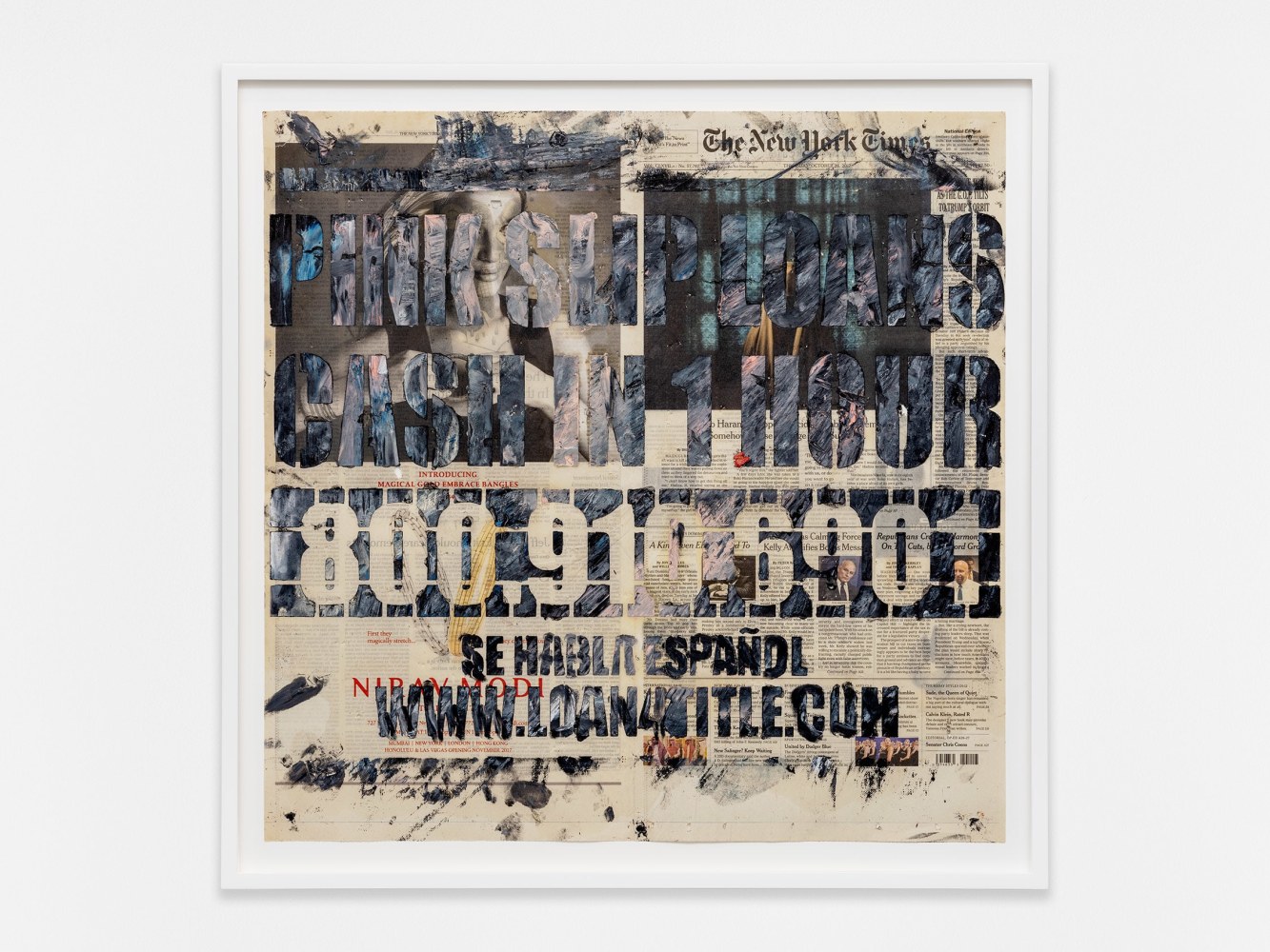 Walead Beshty
PINK SLIP LOANS CASH IN 1 HOUR 800.910.6901 SE HABLA ESPA&amp;Ntilde;OL WWW.LOAN4TITLE. COM [The New York Times, Thursday 26 October 2017; Los Angeles, California]
2023
Oil pastel and staples on newspaper
25 5/8 x 25 5/8 x 1 3/4 inches (65.1 x 65.1 x 4.4 cm)