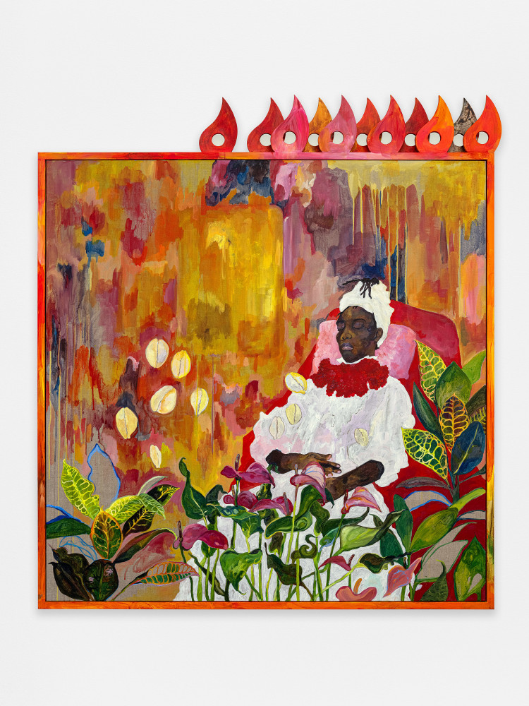 Alberta Whittle
Genealogies of Chosen Family (Sekai Machache)
2024
Acrylic with water from the Osun River, Nigeria, on linen, painted wooden frame with fretwork
68 7/8 x 62 1/4 x 2 3/8 inches (175 x 158 x 6 cm)