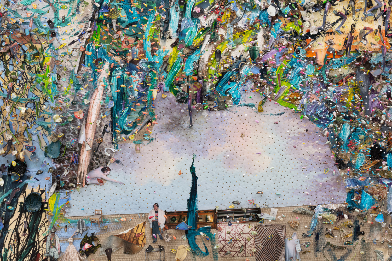 Elliott Hundley
Mirror&amp;nbsp;(detail)
2020
Oil, encaustic, paper, plastic, pins, photographs, fabric, leather, thread, foam and linen on panel
72 5/8 x 86 1/8 x 4 inches (184.5 x 218.8 x 10.2 cm)