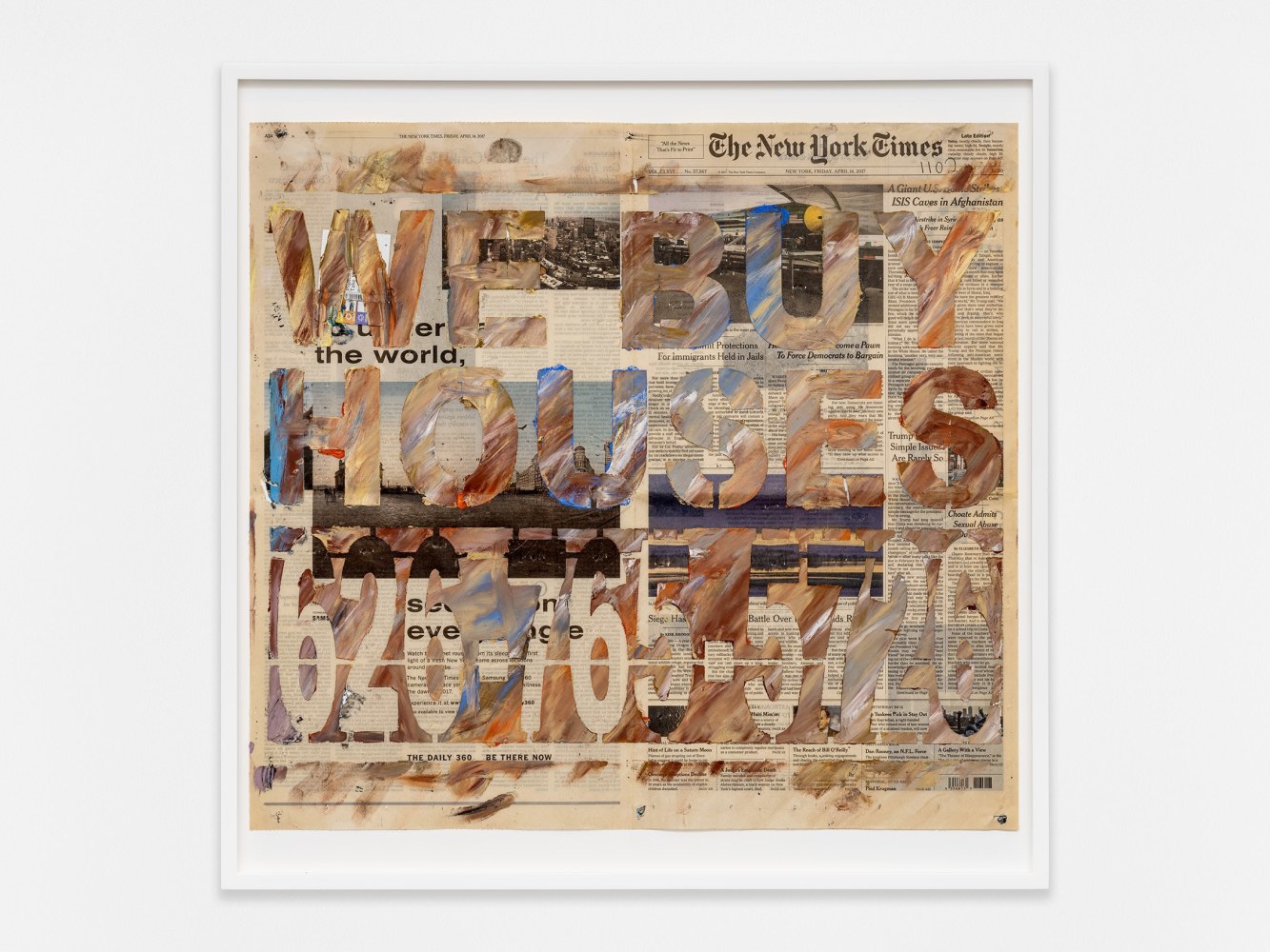 Walead Beshty
WE BUY HOUSES 626-765-5726 [The New York Times, Friday 14 April 2017; Los Angeles, California]
2023
Oil pastel, ink, prescription label and staples on newspaper
25 5/8 x 25 5/8 x 1 3/4 inches (65.1 x 65.1 x 4.4 cm)