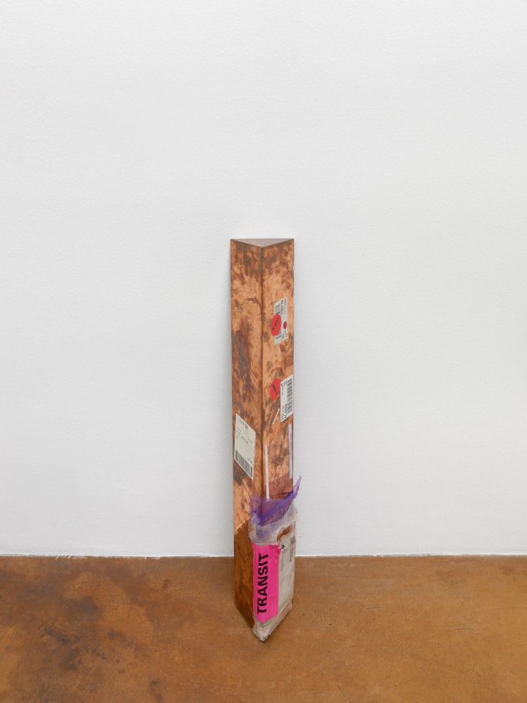 Copper Tube (FedEx&amp;reg; Tube &amp;copy;2005 FEDEX&amp;nbsp;139752 REV 10/05 SSCC), International Priority, Los Angeles&amp;ndash;Brussels trk#875468975982, September 8&amp;ndash;13, 2011, International Priority, Groot Bijgaarden&amp;ndash;Geneva trk#804219510690, May 17&amp;ndash;24, 2019, Priority Overnight, Geneva&amp;ndash; Winterthur trk#776185632420, September 10&amp;ndash;11, 2019
&amp;nbsp;2011&amp;ndash;
Polished copper, accrued FedEx shipping labels
6 x 6 x 40 inches (15.2 x 15.2 x 101.6 cm)