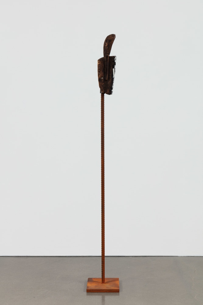 Kader Attia
Mirror Mask
2020
Wooden mask, mirror fragments, black pigment
Artwork Dimensions:
18 1/8 x 7 x 6 5/8 inches (46 x 18 x 17 cm)
Overall Dimensions:
77 x 10 x 10 inches (195.6 x 25.4 x 25.4 cm)