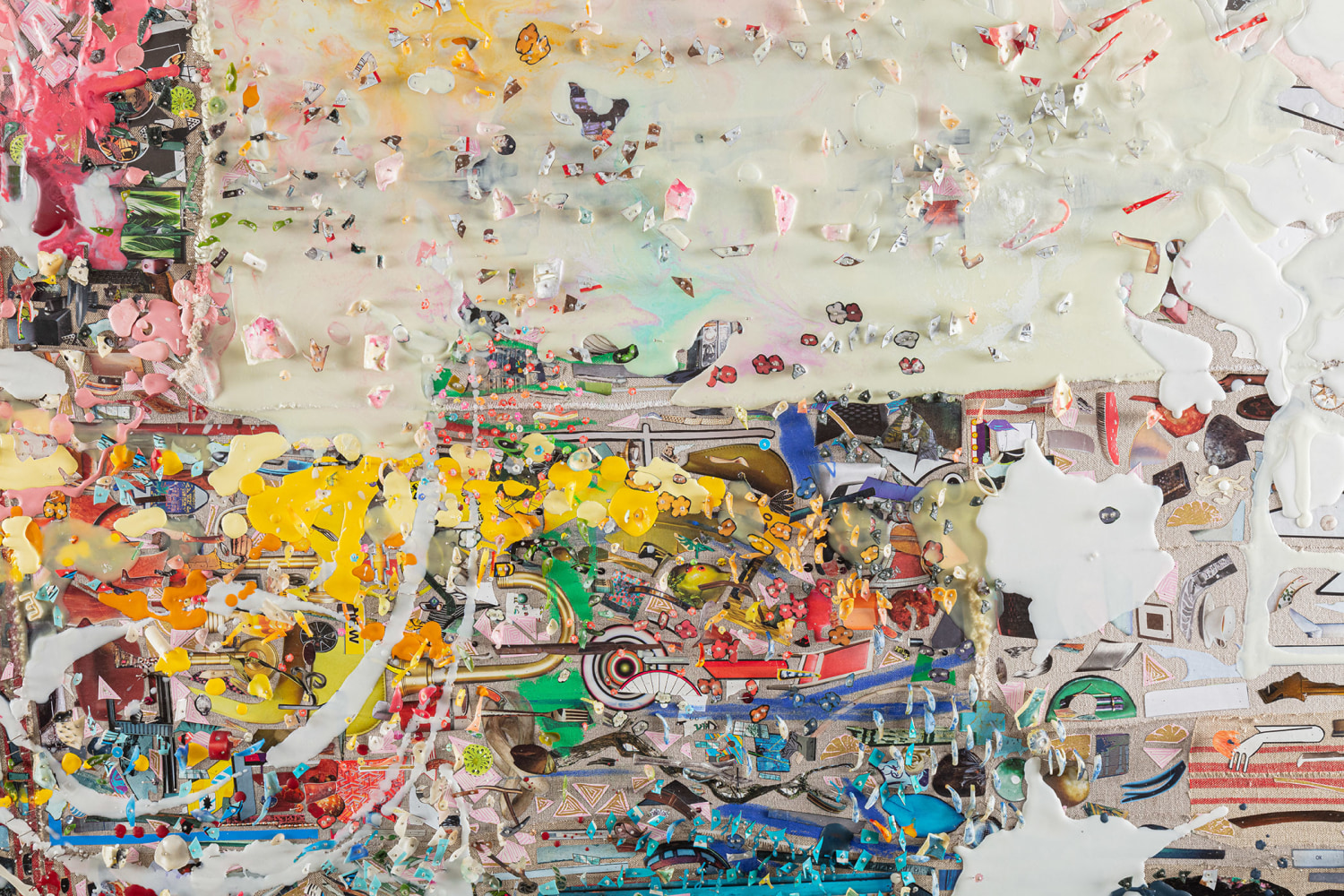 Elliott Hundley
Target
2020
Oil stick, encaustic, paper, fabric, plastic, photographs and pins on linen over panel
48 1/2 x 48 3/4 x 4 inches (123.2 x 123.8 x 10.2 cm)