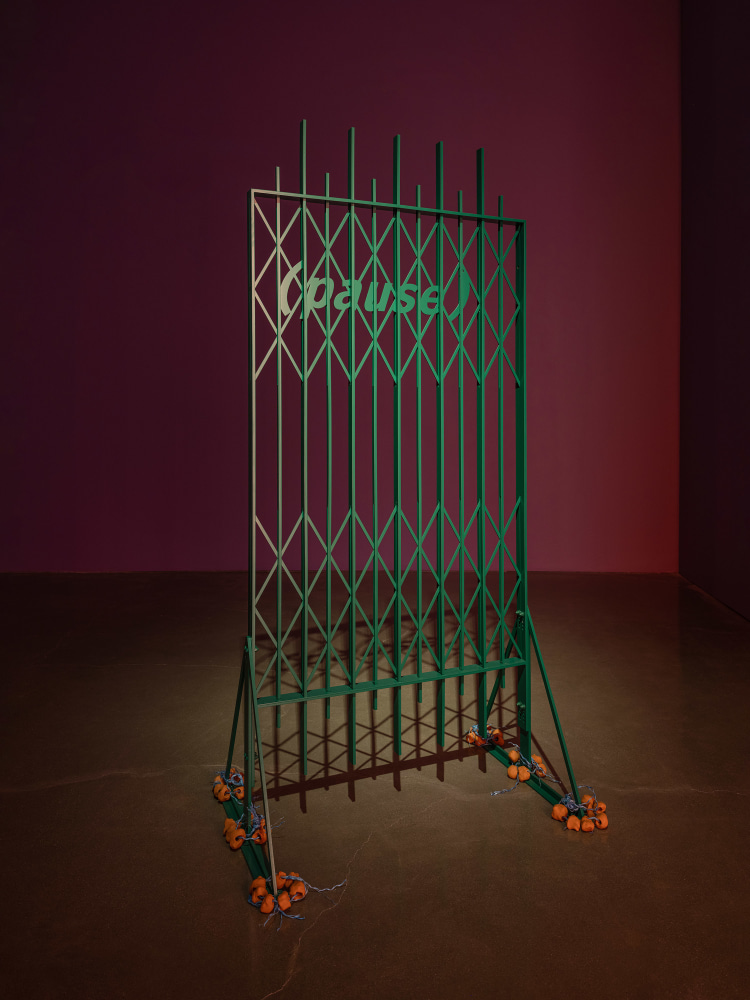 Alberta Whittle
(pause)
2022
Steel and various materials: sailing rope &amp;amp; clay beads
76 7/8 x 42 7/8 inches (195.3 x 109 cm)