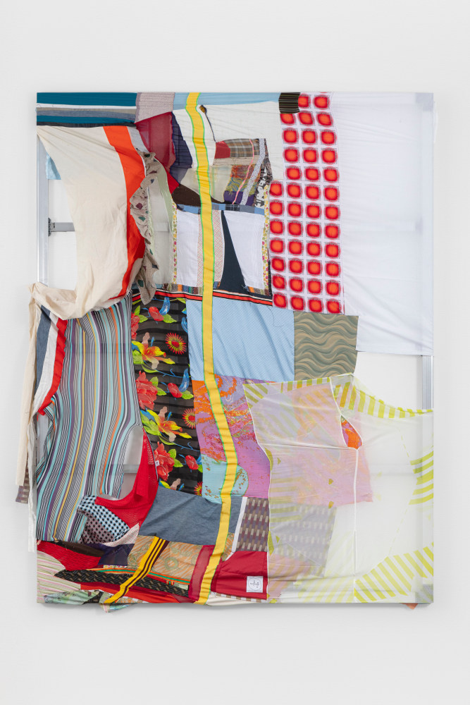 Eric N. Mack
Forgotten integrations, what not to wear is Arte Povera
2021
Muslin, denim, silk, Missoni knit, Issey Miyaki silk Madame-t, South Pole polyester acetate scarf, cotton, nylon, and aluminum stretcher
108 1/4 x 89 1/4 x 8 1/2 inches (275 x 226.7 x 21.6 cm)

DOUBLE CLICK IMAGE FOR MORE VIEWS