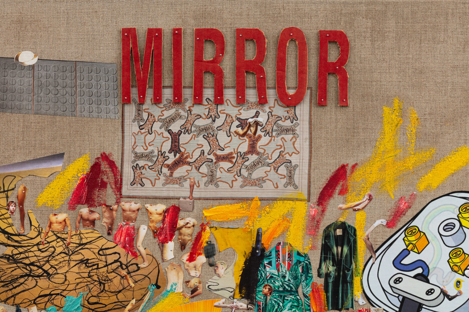 Elliott Hundley
Mirror&amp;nbsp;(detail)
2020
Oil, encaustic, paper, plastic, pins, photographs, fabric, leather, thread, foam and linen on panel
72 5/8 x 86 1/8 x 4 inches (184.5 x 218.8 x 10.2 cm)