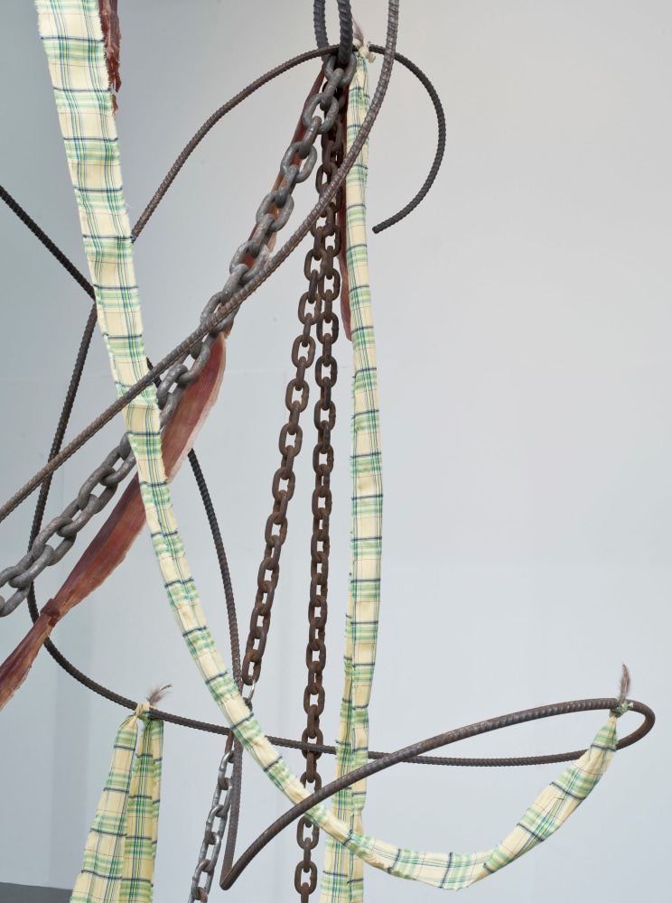 Abraham Cruzvillegas
Vendredi 13 (affirmative, written &amp;amp; told)
2012
Rebar, fabric, chain, feathers and meat
150 x 92 x 65 inches (381 x 233.7 x 165.1 cm)