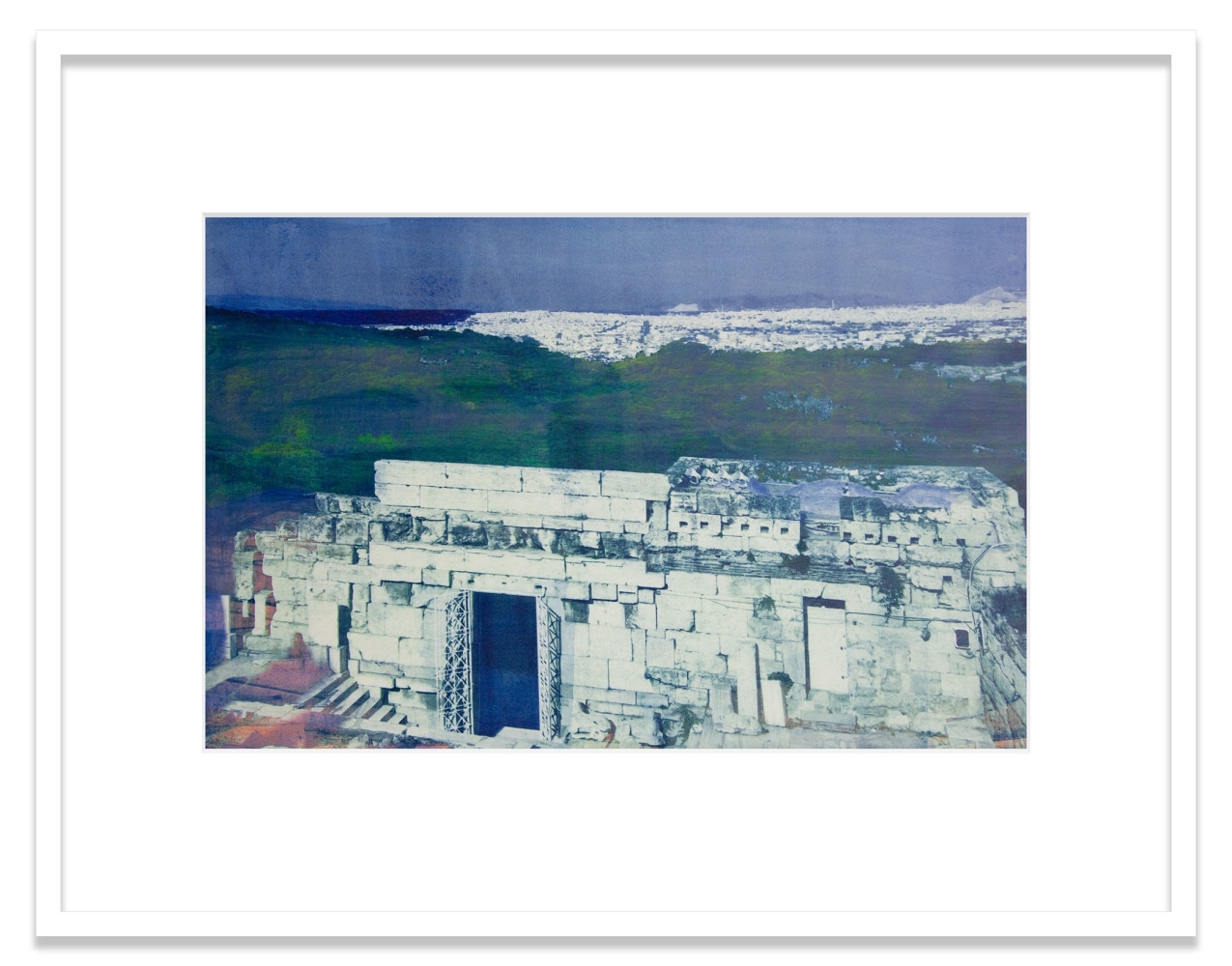 Athens. Beule gate and view across the Mouseion Hills
2020
Oil pigment, electrostatic print on polyester (Winsor &amp;amp; Newton Artists&amp;#39; Oil Color, HP Color&amp;nbsp;LaserJet CP5225&amp;nbsp;on Pronto Plate)&amp;nbsp;
Image Dimensions:&amp;nbsp;11 /12 x 17 1/4&amp;nbsp;inches (29.2 x 43.8 cm)
Framed Dimensions:&amp;nbsp;18 &amp;frac34; x 24 inches (47.6 x 61 cm)
Variable edition of 5 + 1AP