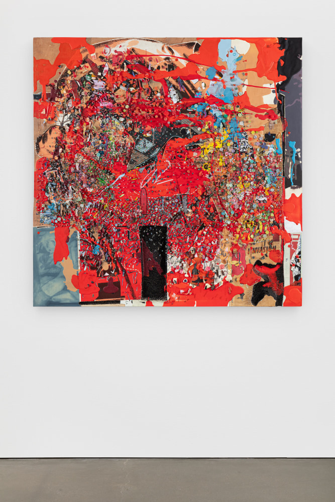 Elliott Hundley
Plank
2020
Oil, oil stick, encaustic, paper, fabric, plastic, photographs, string and pins on foam over panel
48 x 48 1/8 x 4 3/4 inches (121.9 x 122.2 x 12.1 cm)