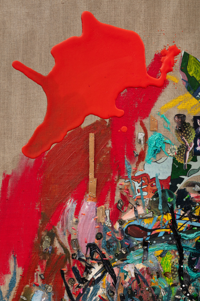 Elliott Hundley
Mirror (detail)
2020
Oil, encaustic, paper, plastic, pins, photographs, fabric, leather, thread, foam and linen on panel
72 5/8 x 86 1/8 x 4 inches (184.5 x 218.8 x 10.2 cm)