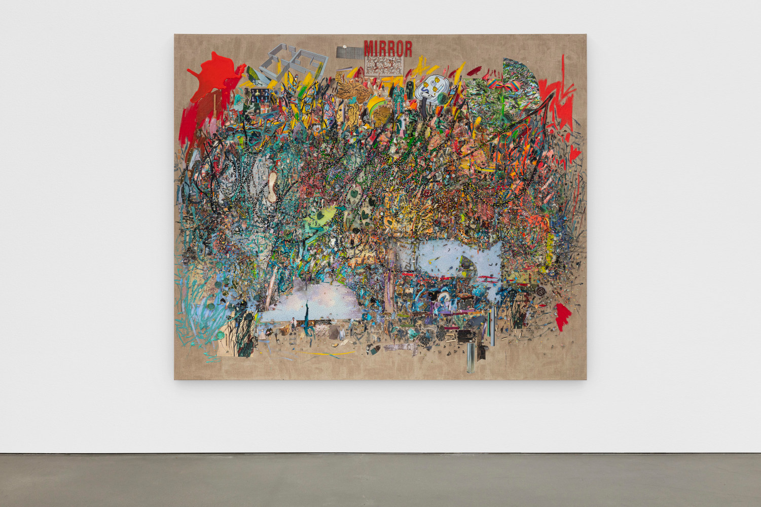 Elliott Hundley
Mirror
2020
Oil, encaustic, paper, plastic, pins, photographs, fabric, leather, thread, foam and linen on panel
72 5/8 x 86 1/8 x 4 inches (184.5 x 218.8 x 10.2 cm)