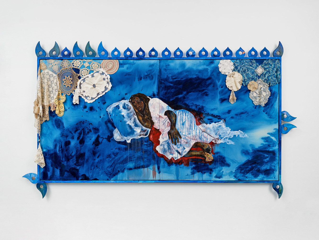 Alberta Whittle
Genealogies of Chosen Family (Tracian Meikle)
2024
Acrylic with water from the Osun River, Nigeria, on canvas, painted wooden frame with fretwork and lace doilies
76 1/4 x 136 x 4 1/2 inches (193.7 x 345.4 x 11.4 cm)