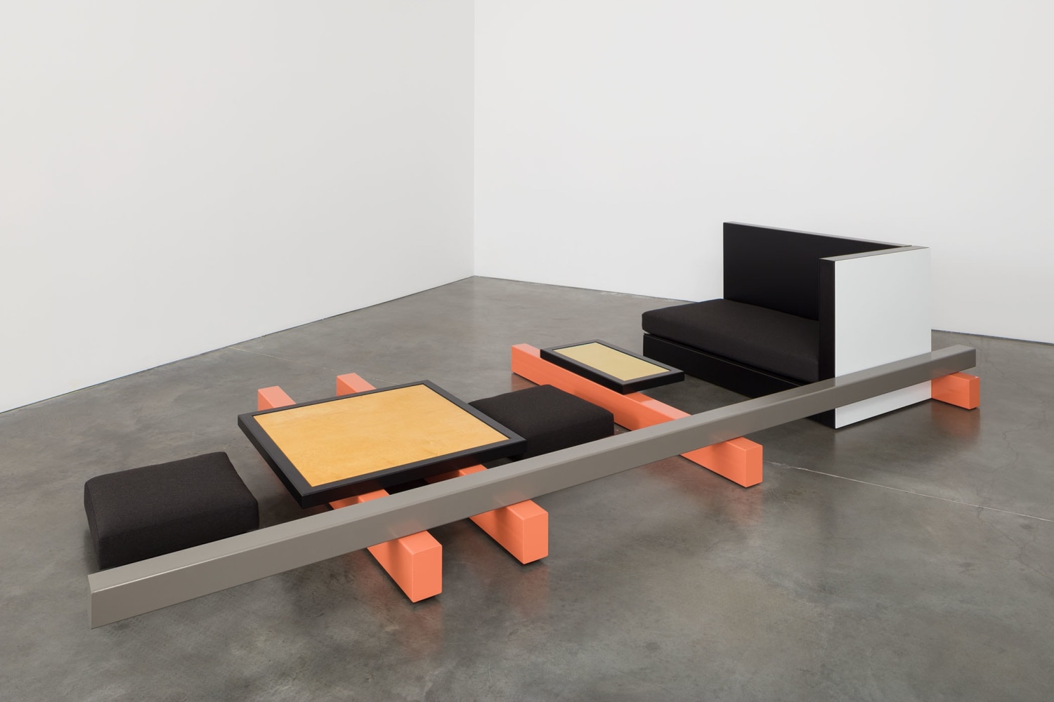 Linear Sequence #1
2016
Powder-coated steel and aluminum, tung oiled Birdseye Maple Plywood, brass, 3 cushions
Overall Dimensions:
32 1/2 x 168 x 72 inches (82.6 x 426.7 x 182.9 cm)