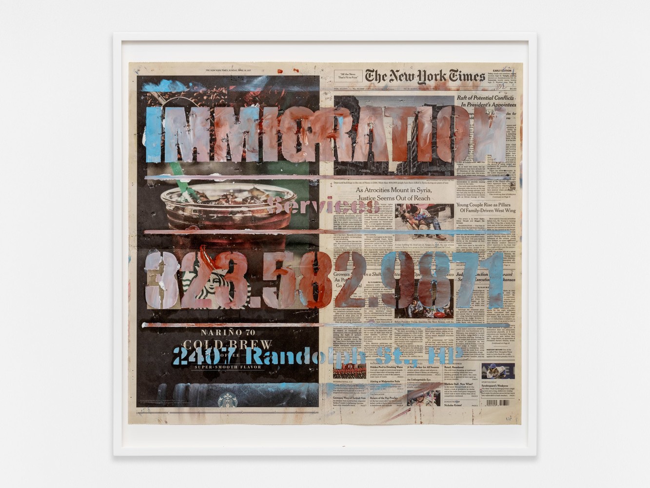 Walead Beshty
IMMIGRATION Services 323.582.9871 2407 Randolph st., HP [The New York Times, Sunday 16 April 2017; Los Angeles, California]
2023
Oil pastel and staples on newspaper
25 5/8 x 25 5/8 x 1 3/4 inches (65.1 x 65.1 x 4.4 cm)